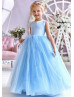 Beaded Blue Satin Tulle Heart Back Flower Girl Dress